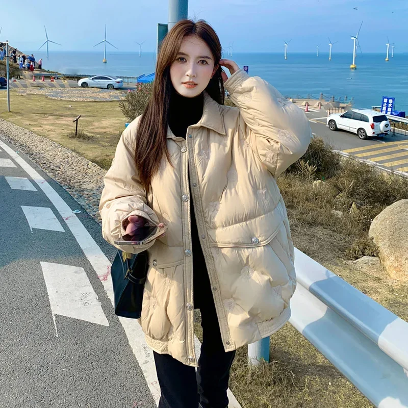 Pregnant Women's Down Jacket 2023 Oversize Cargo Coats Midi Loose Warm White Duck Black Coffee Clothes Female Long Sleeve Winter