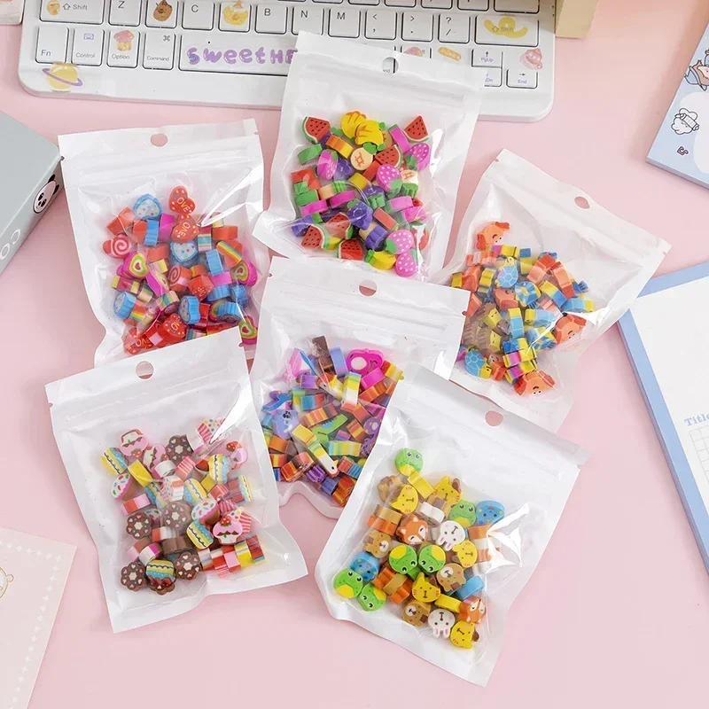 Pencil Eraser Plasticine Eraser Biscuit Eraser Kneadable Eraser Retractable Eraser 50pcs/bag Cute Fruits Animals Erasers Mini Rubber Erasers For Pencils Kids Kawaii Stationery Praise Gifts School Office Supplies