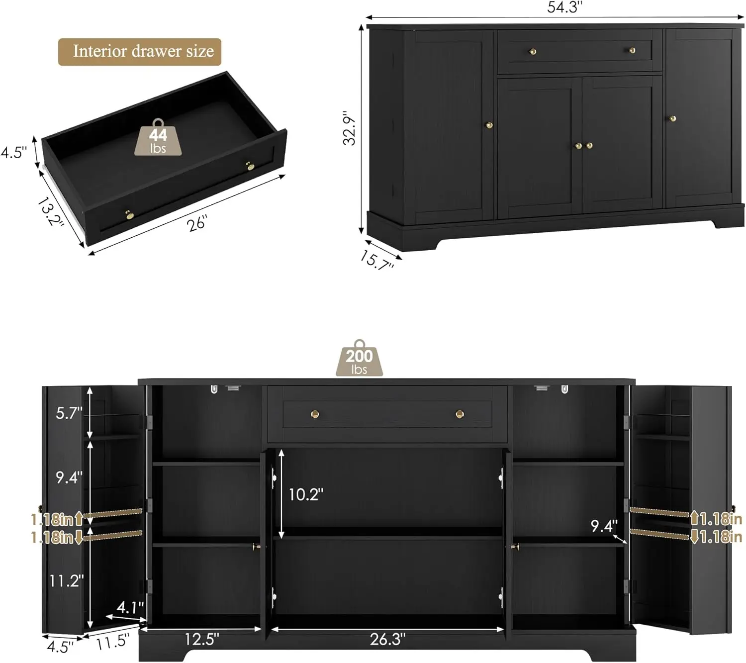 54" Buffet Cabinet with Storage, Modern Kitchen Buffet Sideboard with Drawer, Wood Coffee Bar with Adjustable Shelves, Kitchen S