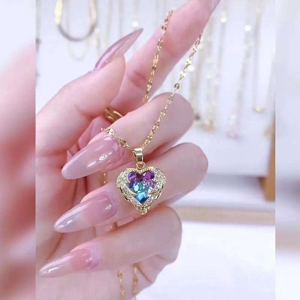 Colorful Crystal Ocean Heart Pendant Necklace for Women Trendy Female Wedding Neck Chain Jewelry