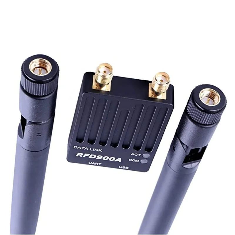 Boîtier du module RFD900A 915MHz 1W avec antenne dépliée, fond blanc