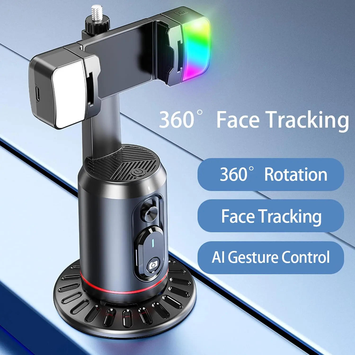 Trépied gimbal plié pour transport, avec télécommande et câble de charge, idéal pour voyage et vlog.