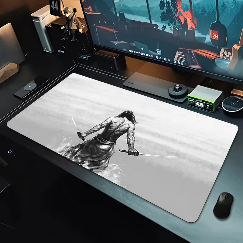 Black and White Japanese Samurai Mouse Pad Keyboard Gamer Accessories Extended Table Pad Rubber Carpet Mat Non-Slip Laptop Pads
