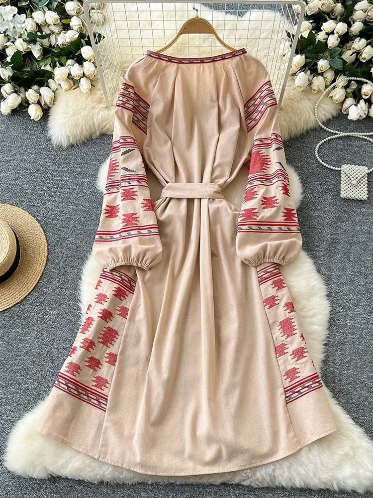 Bohemian Retro Ethnic Style Dress Women's Spring Autumn Embroidered Lace Up  Lantern Sleeves Waist Cinching Long Dress A153 - AliExpress 200000345