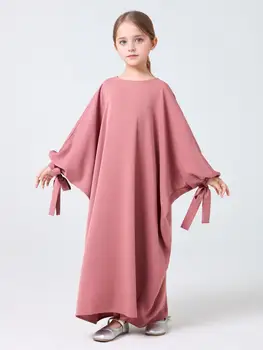 Zhai Yue Middle Eastern Muslim Girls Robe Pure Color Round Neck Button Long Skirt Cuffs Lace-Up Robe 1