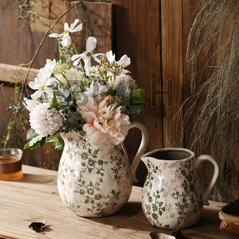 Ceramic Large Flower Pot with Handle Round Hydroponic Vase Pastoral Style Ornament For Home Decor Living Room Flower Arrangement 4