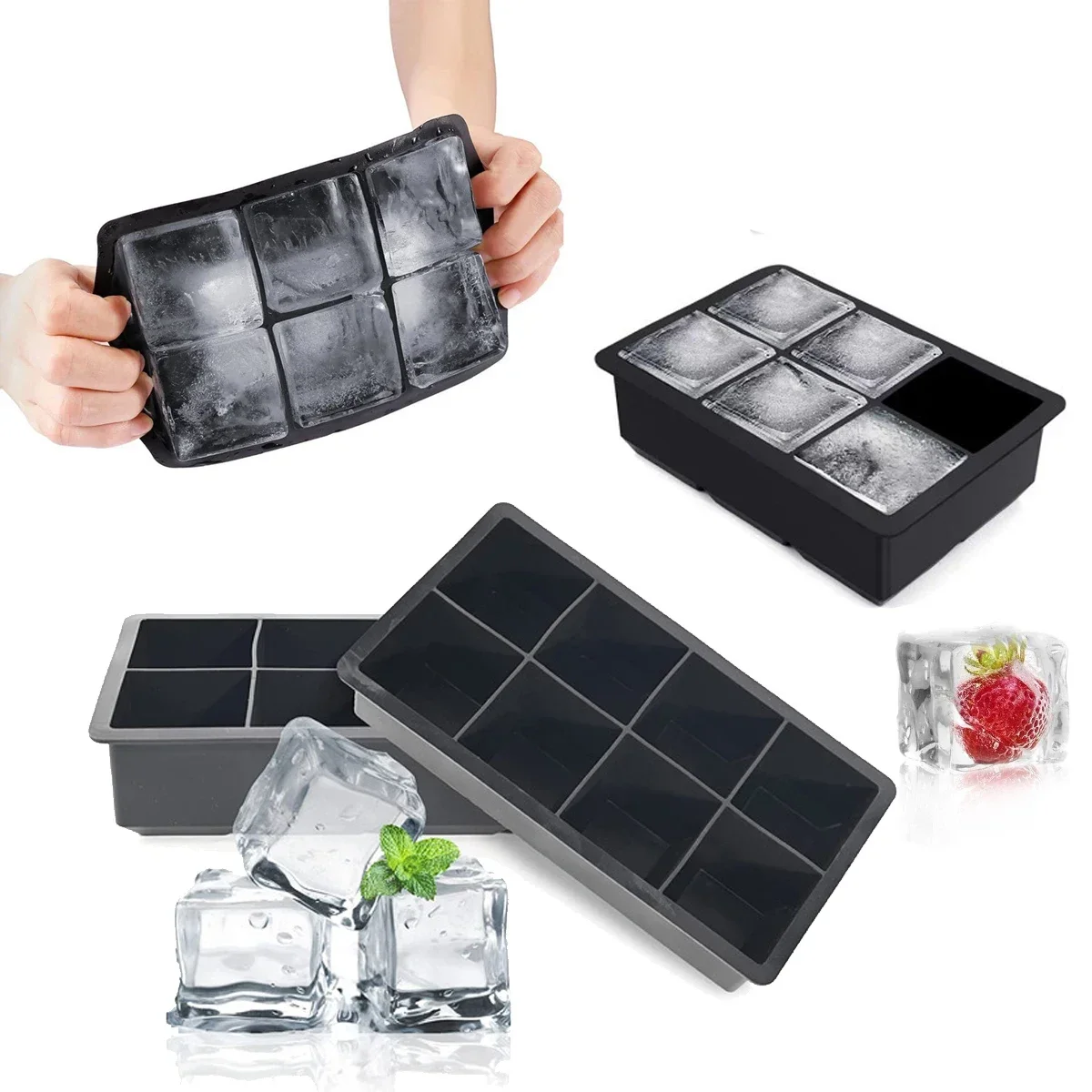 4/6/8 Grid Ice Tray Mould Food Grade Silicone Large Ice Cube Square Tray Mold for Home Fridge Ice Maker Suitable for Beer Whisky