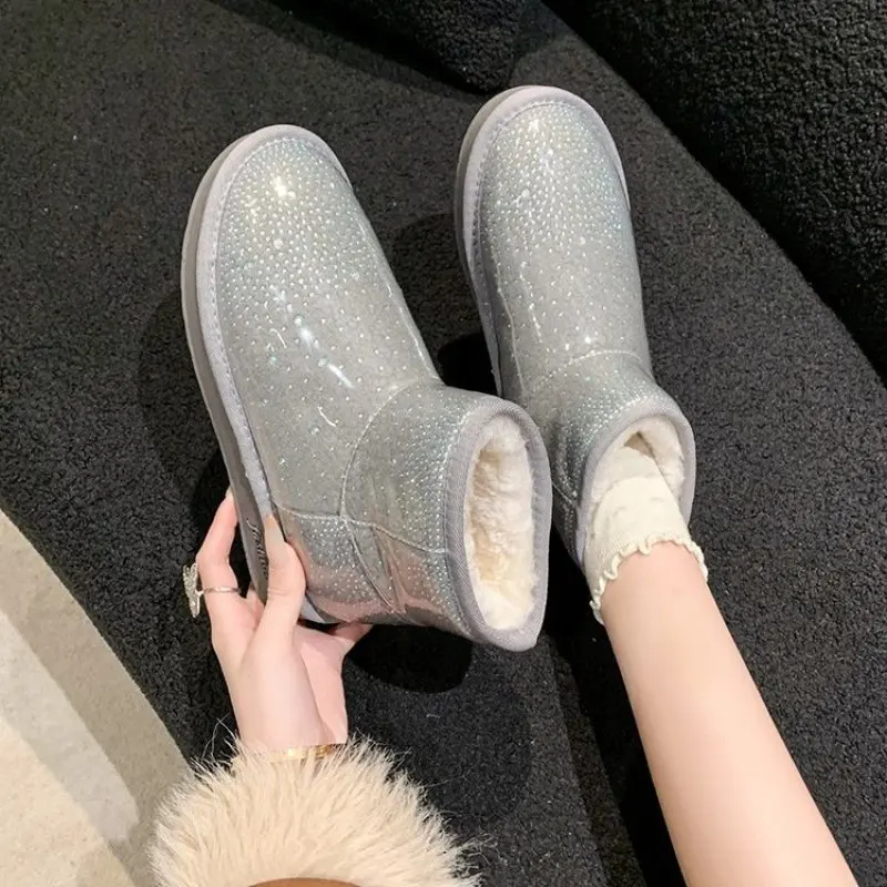 Winter Ankle Snow Boots Luxury Crystal Flats Women Shoes Plush Fur Warm Chelsea Boots Designer New Cotton Shoes Fashion Comfort