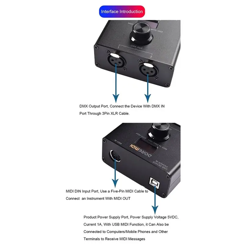 Doremidi MIDI 메시지를 DMX 컨트롤러 MTD-1024로 변환하면 MIDI 신호를 DMX 무대 조명 제어로 변환합니다.