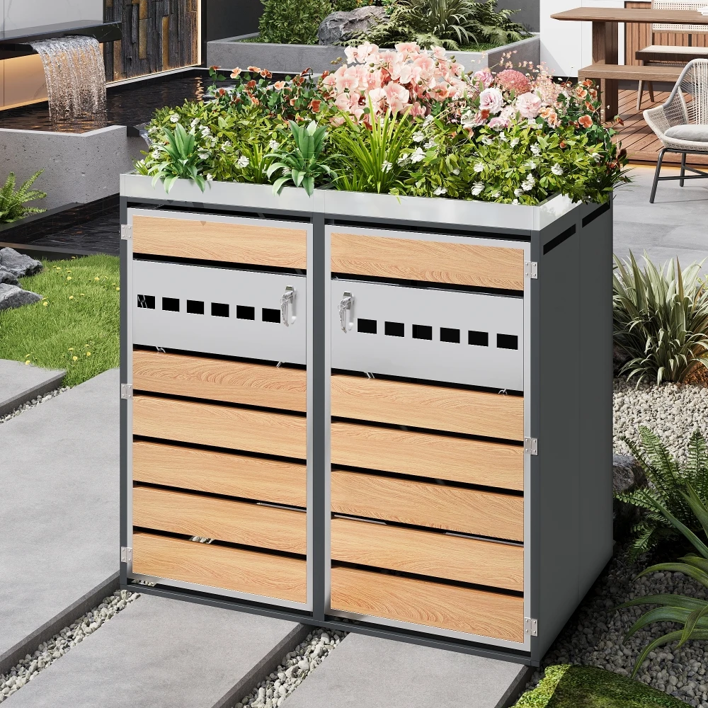 PINGGO Müllaufbewahrungsbox mit abschließbaren Doppeltüren, Pflanzenbereich und Belüftungsfunktion für Haus und Garten – Detail 4