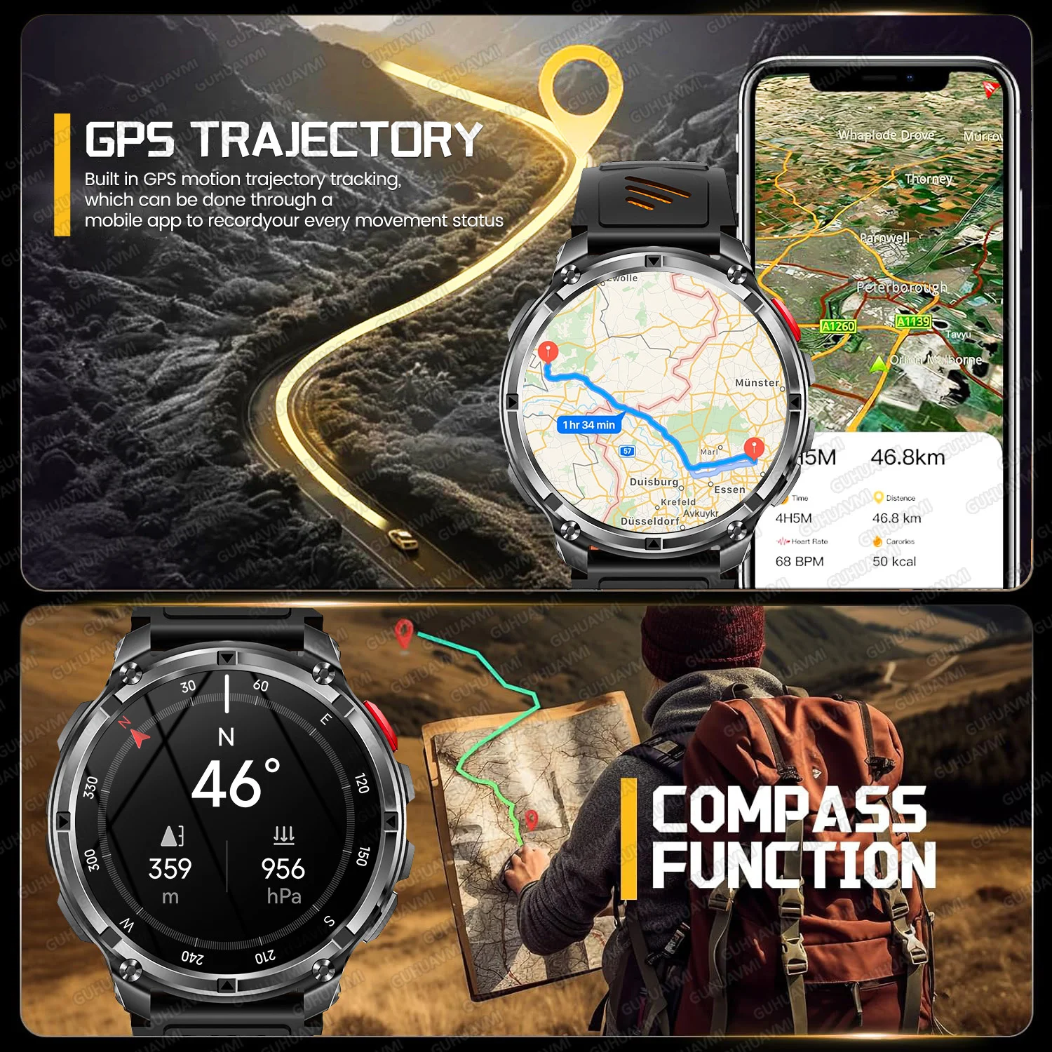 새로운 T-Rex3 시계 1100mAh 배터리 야외용 초강력 스마트 워치 GPS 나침반 10ATM 방수 스포츠 트래커 군용 시계