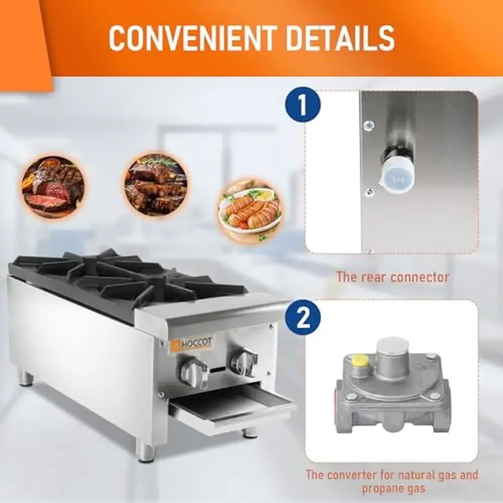 Gas Stove 2 Burners Steel Hot Plate 12"X27" Commercial Countertop 56,000 BTU