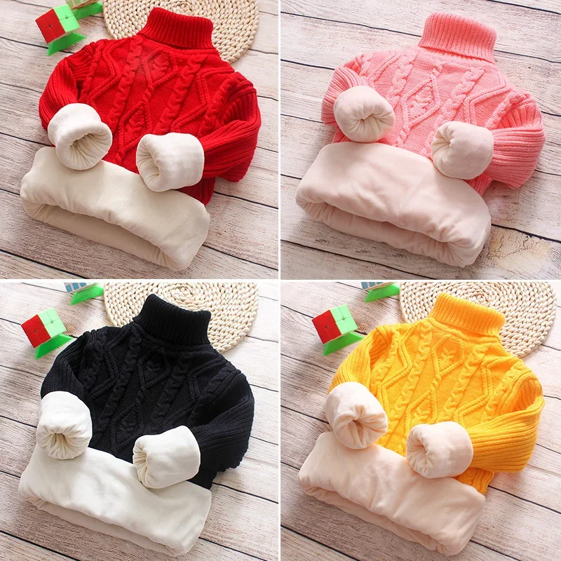 

Winter New Big Children Thick Sweaters Boy Girl Knitted Turtleneck Kids High Collar Pullover Sweater Plus Velvet Warm Knitwear