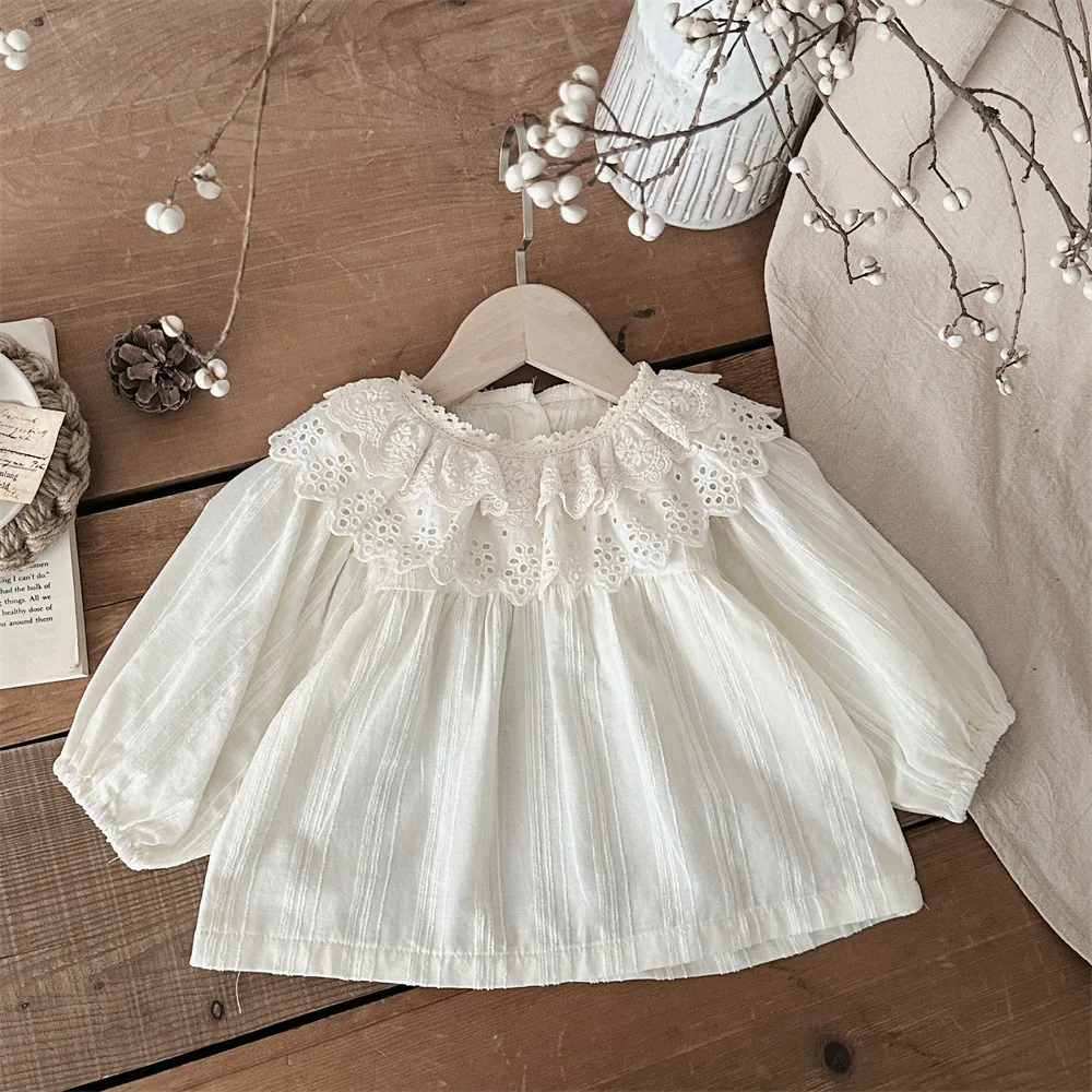 thumbnail image 1 of Nueva blusa de primavera para niñas, ropa para bebés y niños, camiseta bonita con cuello de doble capa para niñas, camiseta de manga larga, camisa Base con volantes de encaje, 1 of 6
