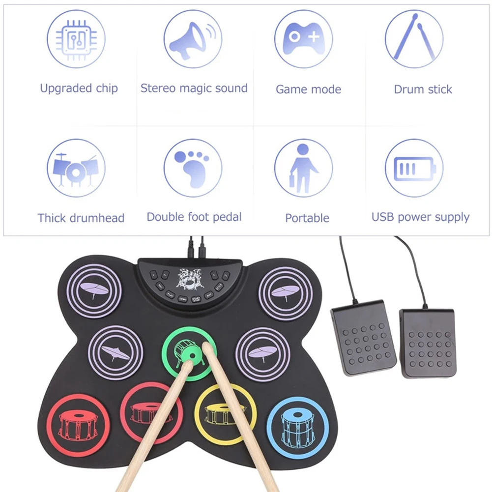 Roll Up Drum Practice Pad 9 Pads Tabletop Drum Set Pedal Controller with Sticks Touch Sensitivity for Beginners Practicing