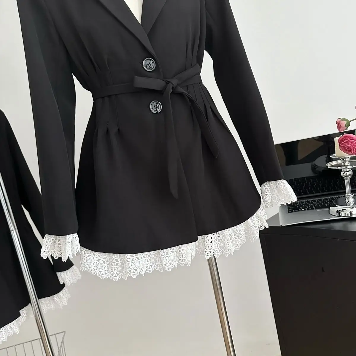 Elegant Black Suit Dress Women Lace Patchwork Blazer Dress Turn-down Collar Slim Korean Fashion Y2K Autumn New Mini Vestidos