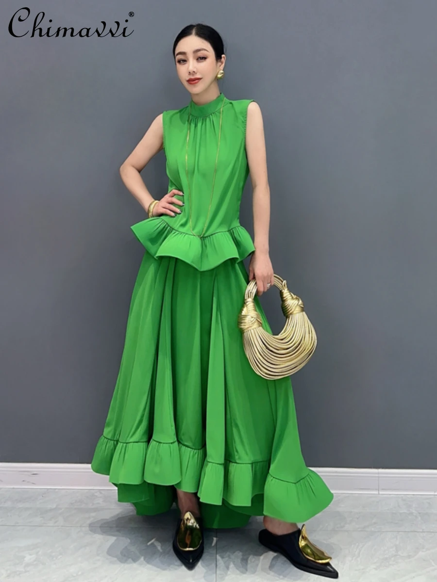 

Women's Suit 2024 Summer New Fashion Sleeveless Ruffled Top High Waist Slimming Large Swing Skirts Elegant Ladies Two-Piece