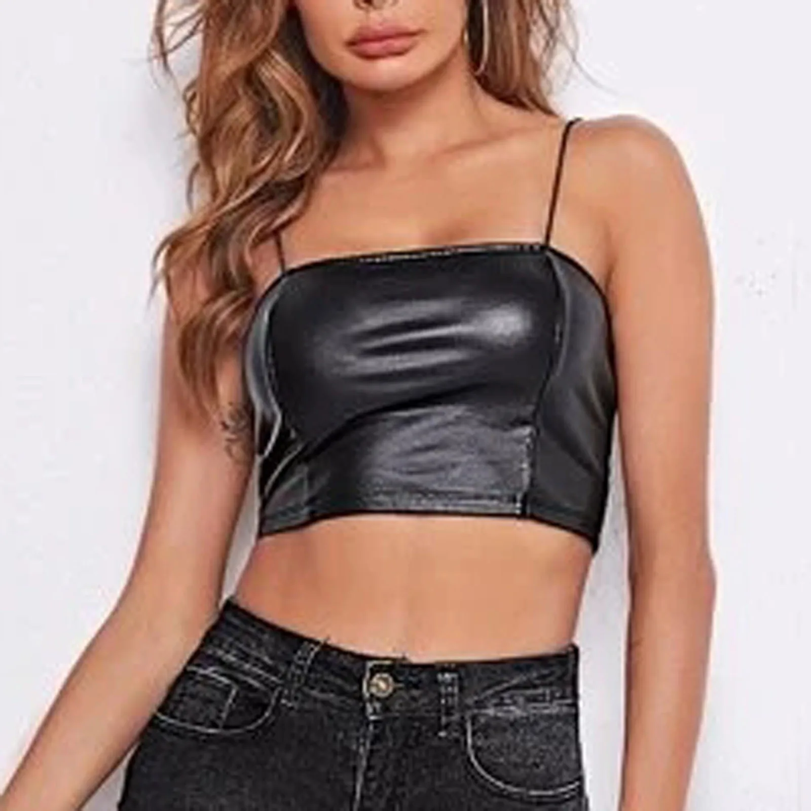 Women's Solid Color Sling Style Vest Sexy Short Tank Top Ladies Sexy Leather Vest Women's Fashion Short Sleeveless Top Clothing