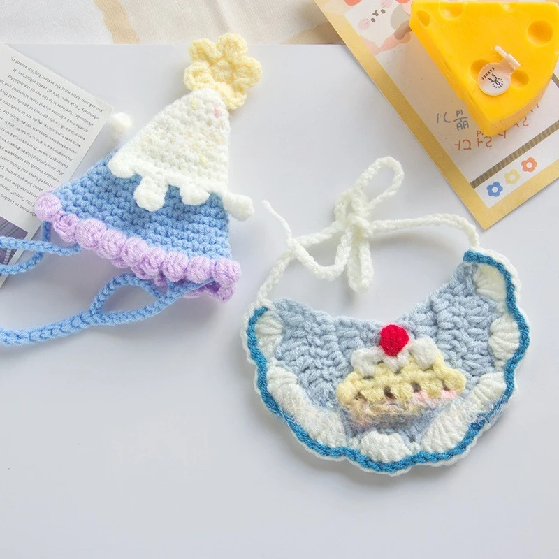 2-in-1 Pet Birthday Hat&Drool Bandana Set-Knitted Photo Prop for Cats/Small Dogs,Festive Party Decoration with Adjustable Strap