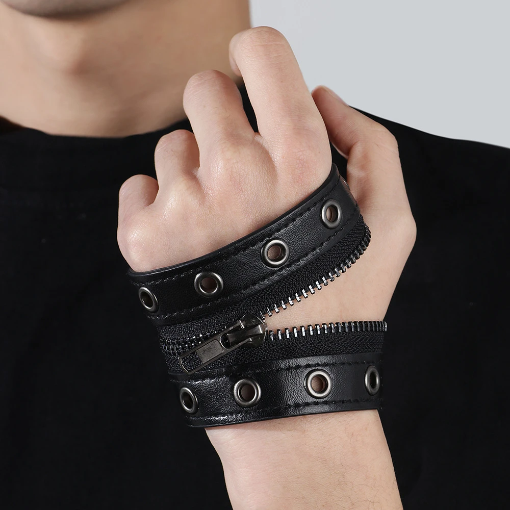 Black Gothic Brede Leren Armband Met Rits Klinknagel Wrap Armbanden Voor Vrouwen Kwaliteit Knop Verstelbare Polsbandjes|Wikkelarmbanden| - AliExpress