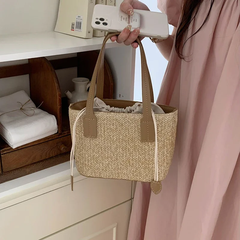 Straw Woven Basket Bag for Women Bohemia Beach Crossbody Bags Ladies Top Handle Handbag Female Drawstring Mini Tote Bags