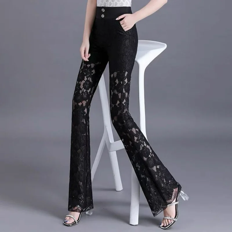 Korean Fashion Summer Flare Pants Women Solid Patchwork Lace Button Zipper Pocket Breathable High Waist Slim Straight Trousers