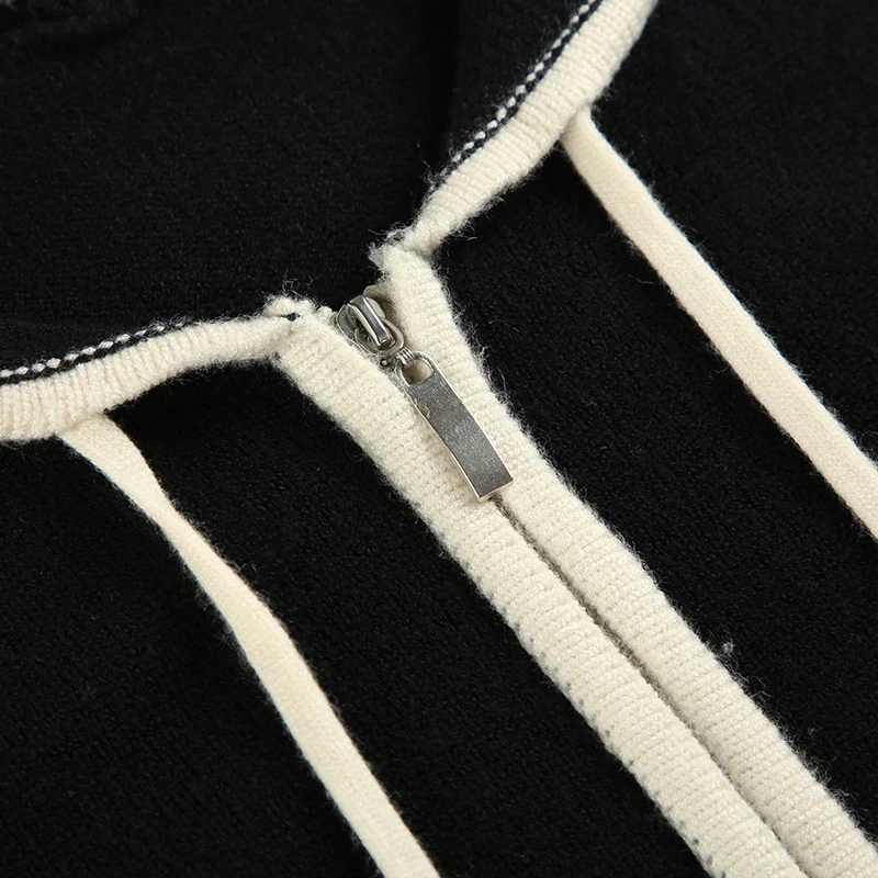 Fashion Y2K Women Zip Up Sweater with Hooded Slightly Thick Autumn Winter Lace Trim Pocket Knit Coat Slim Contrast