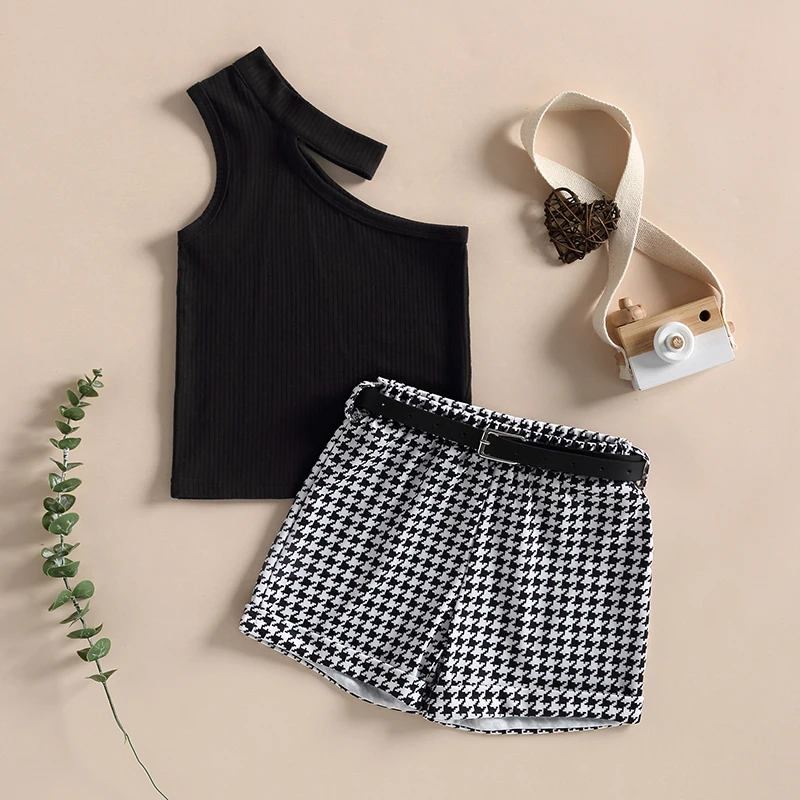 

Toddler Girls Summer Clothes Outfit Black Sleeveless Ribbed One Shoulder Black Vest + Houndstooth Print Shorts with Belt
