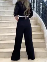 Freeacy Women's Casual Pants Set Notched Collar Long Sleeves Coat and High Waist Side Buttoned Pants Office Ladies Two-piece Set - Image 3