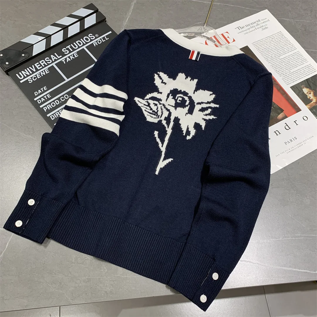 

Women Knitted Cardigan V-Neck Jacket Flower Casual Wool Solid Striped Spring Wear Soft Party Wear Girl Cardigan