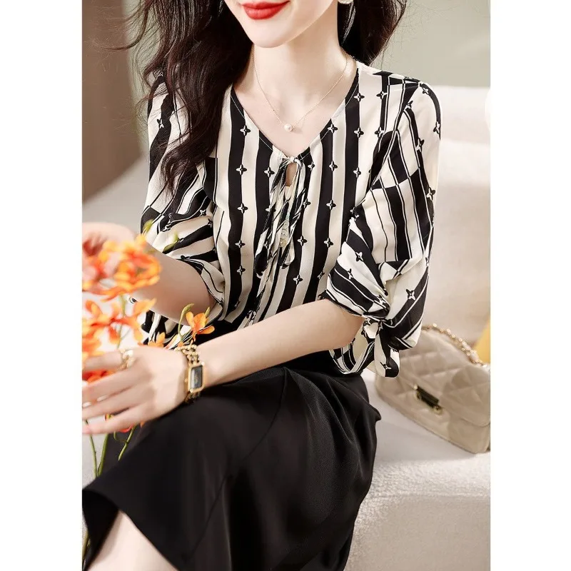 Summer New Blouses Korean Commute Women's Patchwork Printed Button Loose All-match Drawstring V-neck Striped Short Sleeve Shirts
