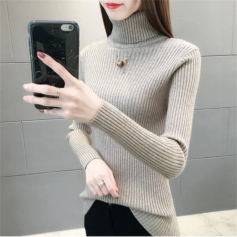 

Women's Knitted Roll Neck Pullovers Turtleneck Long Sleeve Monochromatic Slim Elastic Sweater Yellow Stretch Thick Autumn Winter