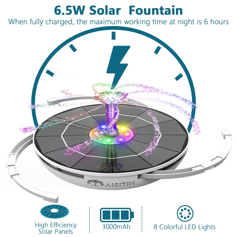 6.5W Solar Fountain Pump Built-in 5000mAh Battery with LED Lights for Pond Garden solar fountain solar fountain pump solar water pump