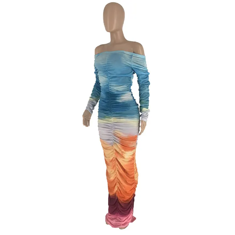 Women Gradient Tie Dye Printed Off Shoulder Long Sleeve Maxi Long Midi Bodycon Ruched Dress 2023 Sexy Party Club Dresses Female