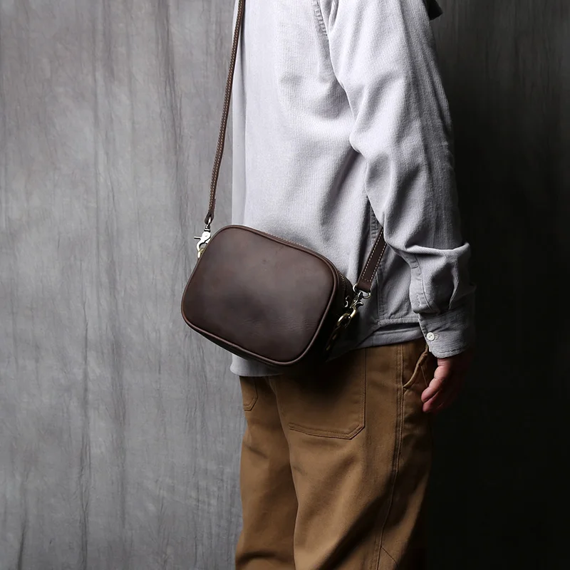 NZPJ Vintage Genuine Leather Men's Shoulder Bag Natural Cowhide Crossbody Bag Casual Trend Men's Bag Crazy Horse Phone Bag