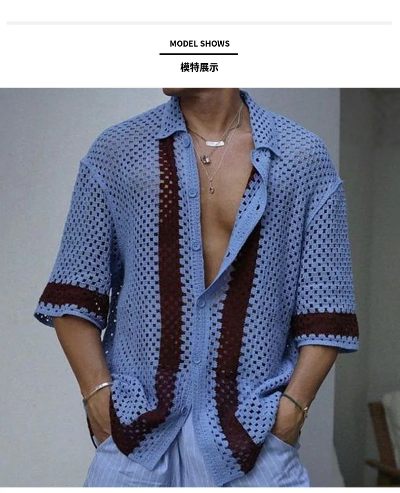 Description Picture 6 of item2024 Men's Hollow Out Knitwear Cardigan Summer Short Sleeve Contrast Color Lapel Tops Fashion Casual Streetwear Polo Shirt Male