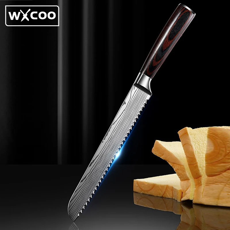 Description Picture 2 of itemKitchen 8 Inch Bread Knife Cheese Toast Knife Stainless Steel Damascus Pattern Knives Slicing Chef Cutter Wood Handle