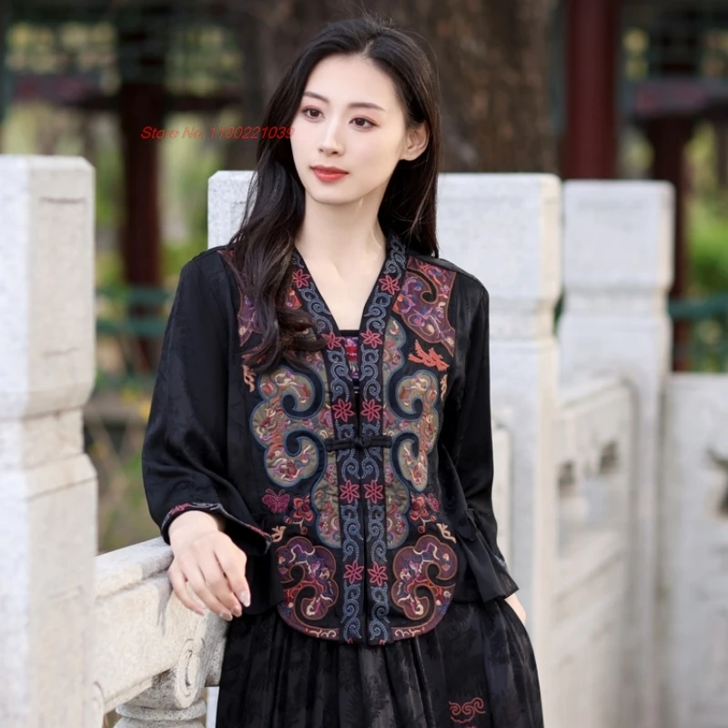 

2024 traditional chinese vintage blouse national flower embroidery satin jacquard blouse oriental v-neck folk coat hanfu tops