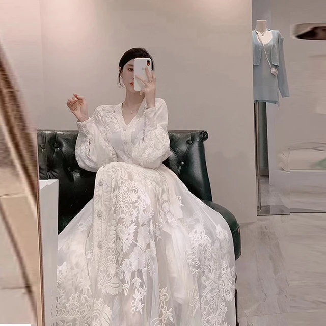 Tesscara Women Long Luxury White Embroidery Dress High Quality