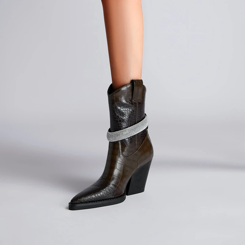 Kaky's New Pointed Stone Water Diamond Thick High Heel Large Women's Boots Short Boots Western Boots