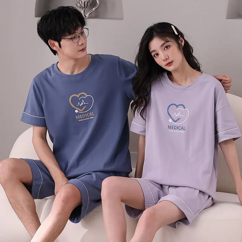 Summer Cotton Sleepwear Couples Short Sleep Tops & Pants Women's Pajamas Set Men Cartoon Nightwear Casual Loungewear