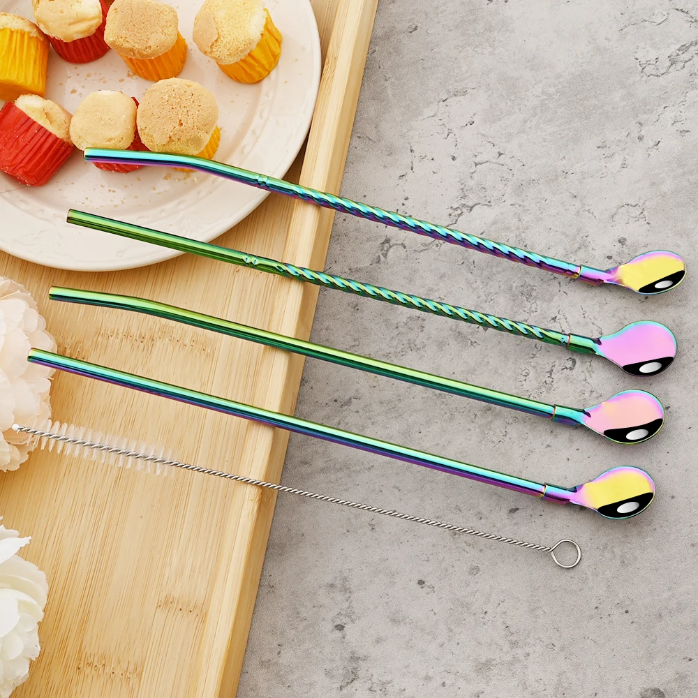 Colorful 304 Stainless Steel Straw Spoon Set Reusable Metal Straws Eco