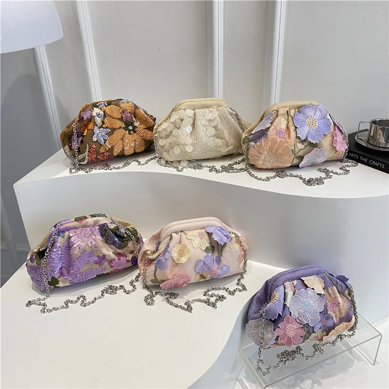 Borsa da sera per donna Borse con design a catena con paillettes Elegante pochette per banchetti Borsa in lino floreale Borse da polso da donna Portafoglio da donna - immagine 4