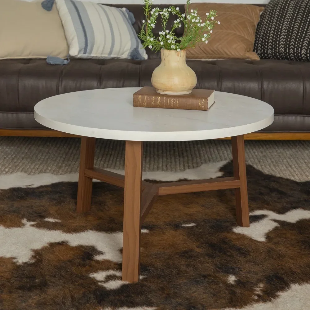 

Mid-Century Modern Round Coffee Table, White Marble And Acorn