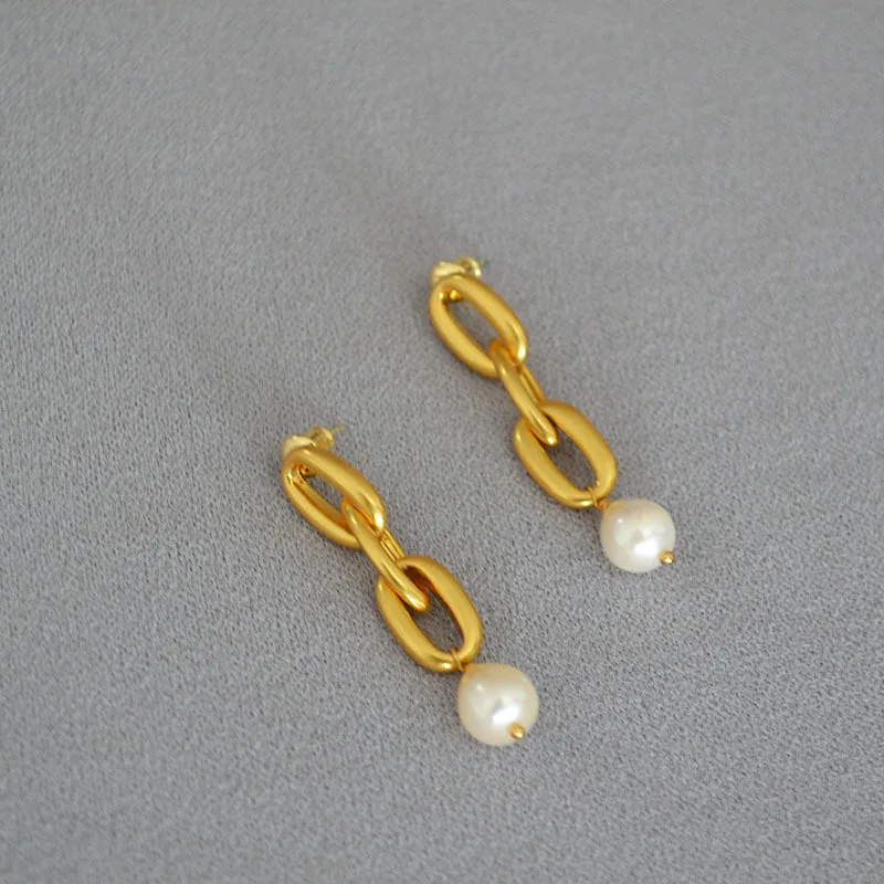 Freshwater Pearl Earrings Vintage 925 Silver Needle Gold-plated Brass Chain Drop Earrings