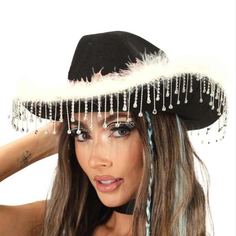 Dourbesty Rhinestone Tassel Cowboy Hat y2k Party E-girls Casual Feather Star Print Caps Vintage Royal Court Style Elegant Hats cowboy hats cowgirl hats