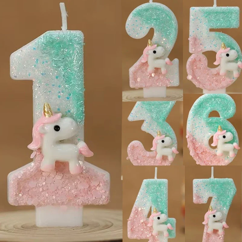 Geburtstagskerze, 0–9 Zahlen, Geburtstagsparty, Kuchenkerze, rosa Einhorn, Geburtstagskerzen für Kuchen, blaue Kindergeburtstagsdekoration