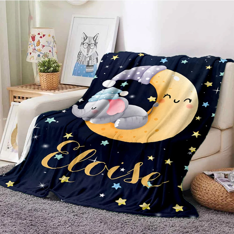 Cartoon Elephant Bear Moon Pattern Flannel Throw Blanket Soft Warm Cute