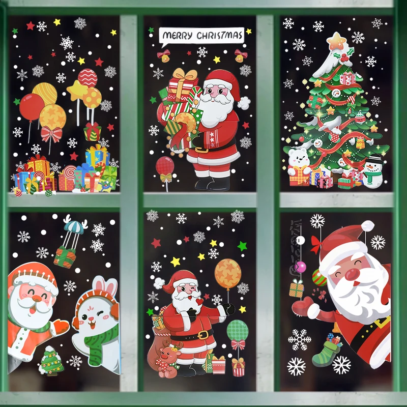 

Christmas Window Stickers Xmas Tree Snowflake Clings Decals Decorations for Home New Year Party Santa Claus Reindeer PVC Decals