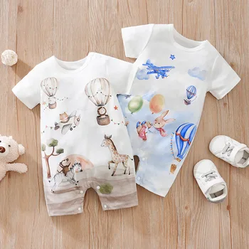 0-18 Baby Jumpsuit Cute Cartoon Hot Air Balloon Casual And Comfortable Soft Boy And Girl Summer Short Sleeved Newborn Clothes 1